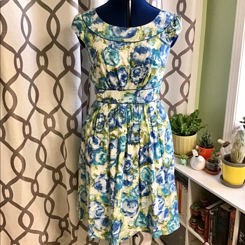 Large blue and green floral print dress